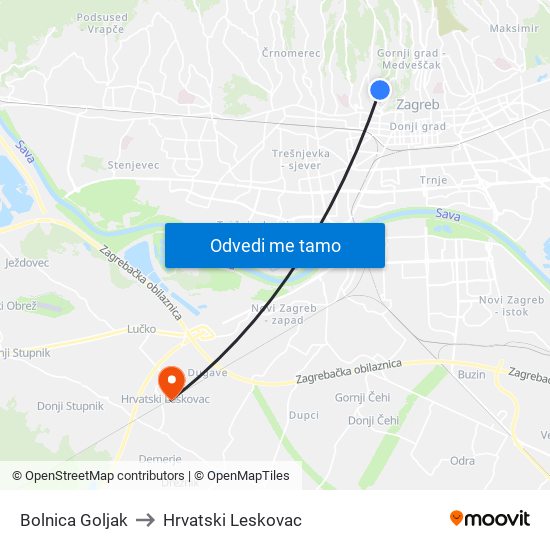 Bolnica Goljak to Hrvatski Leskovac map