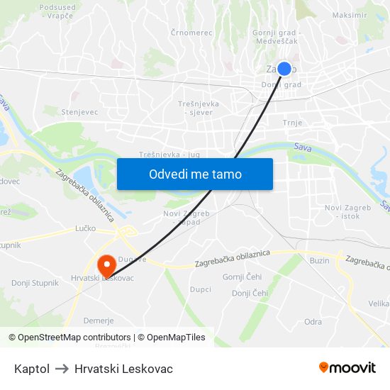 Kaptol to Hrvatski Leskovac map