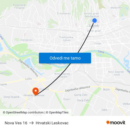 Nova Ves 16 to Hrvatski Leskovac map