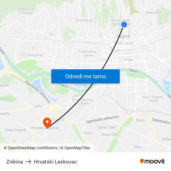 Znikina to Hrvatski Leskovac map