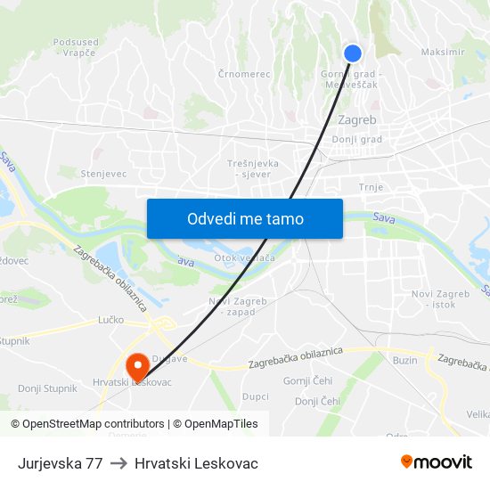 Jurjevska 77 to Hrvatski Leskovac map