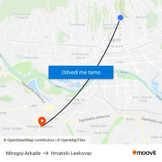 Mirogoj-Arkade to Hrvatski Leskovac map