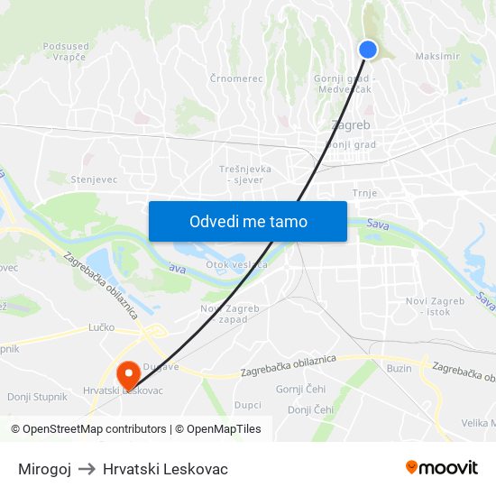 Mirogoj to Hrvatski Leskovac map