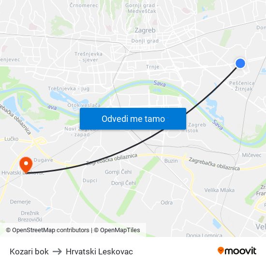 Kozari bok to Hrvatski Leskovac map