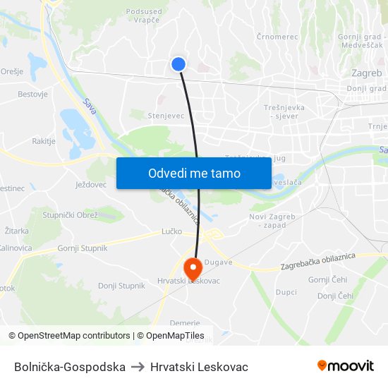 Bolnička-Gospodska to Hrvatski Leskovac map