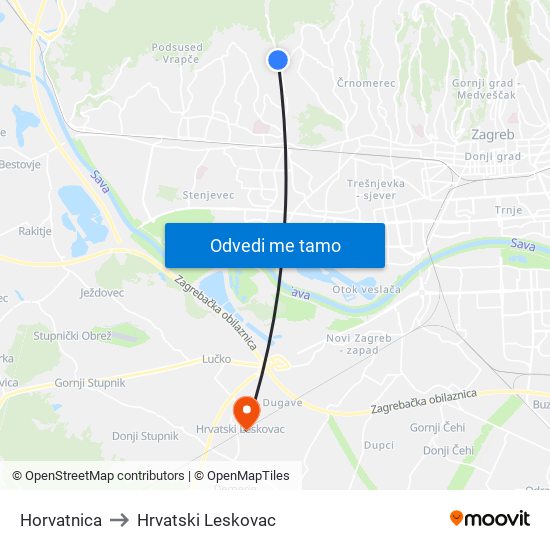 Horvatnica to Hrvatski Leskovac map