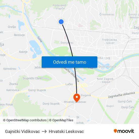 Gajnički Vidikovac to Hrvatski Leskovac map