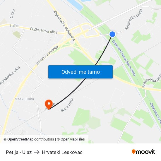 Petlja - Ulaz to Hrvatski Leskovac map