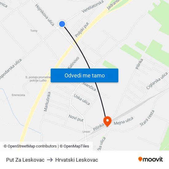 Put Za Leskovac to Hrvatski Leskovac map