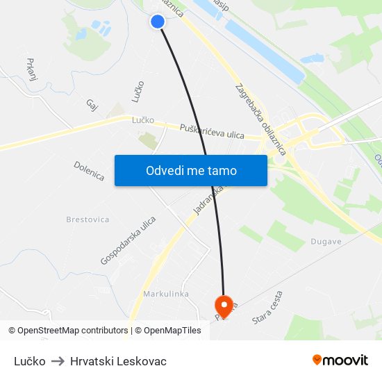 Lučko to Hrvatski Leskovac map