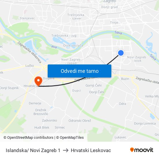 Islandska/ Novi Zagreb 1 to Hrvatski Leskovac map