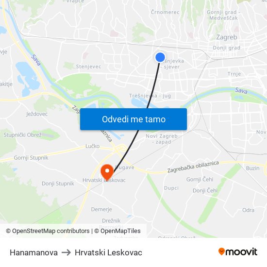 Hanamanova to Hrvatski Leskovac map