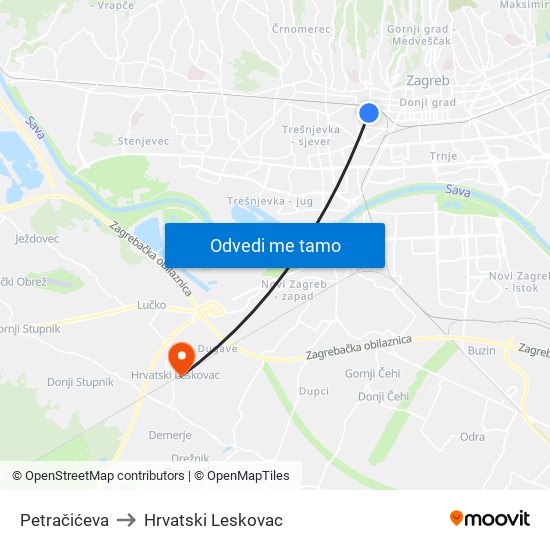 Petračićeva to Hrvatski Leskovac map