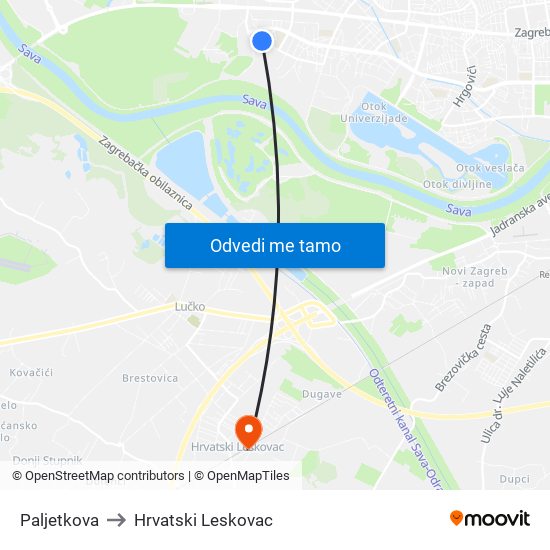Paljetkova to Hrvatski Leskovac map