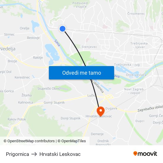 Prigornica to Hrvatski Leskovac map