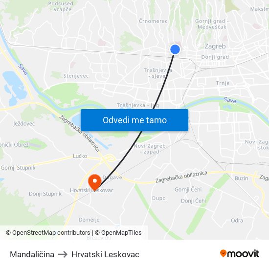 Mandaličina to Hrvatski Leskovac map