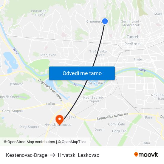 Kestenovac-Drage to Hrvatski Leskovac map