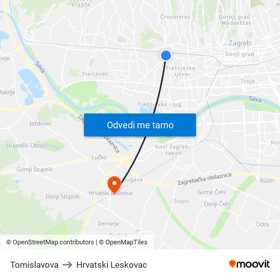 Tomislavova to Hrvatski Leskovac map