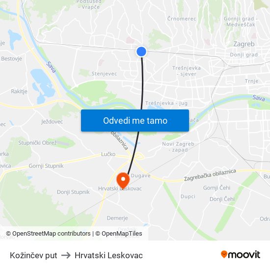Kožinčev put to Hrvatski Leskovac map