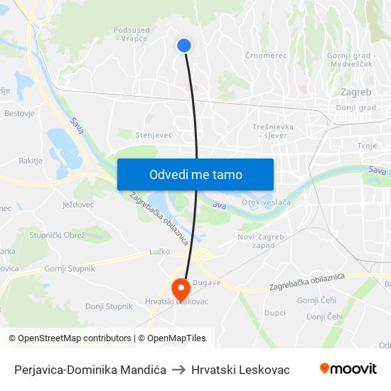 Perjavica-Dominika Mandića to Hrvatski Leskovac map