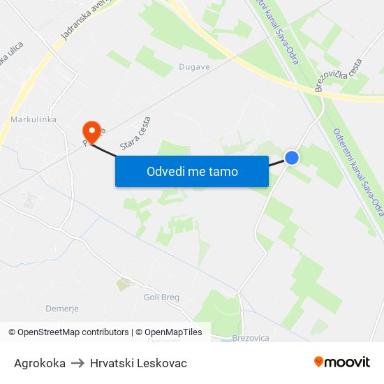 Agrokoka to Hrvatski Leskovac map
