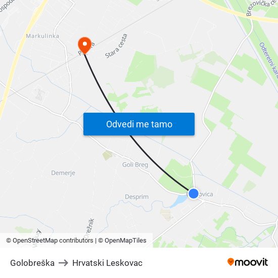 Golobreška to Hrvatski Leskovac map