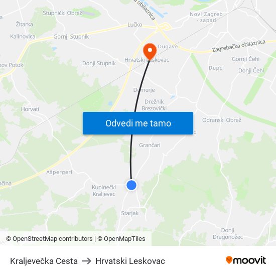 Kraljevečka Cesta to Hrvatski Leskovac map