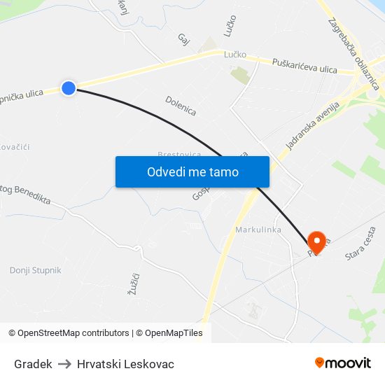 Gradek to Hrvatski Leskovac map