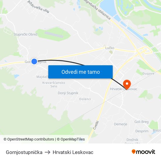 Gornjostupnička to Hrvatski Leskovac map