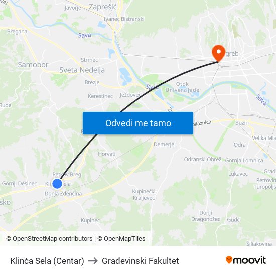 Klinča Sela (Centar) to Građevinski Fakultet map