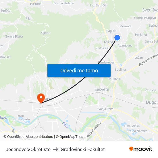 Jesenovec-Okretište to Građevinski Fakultet map