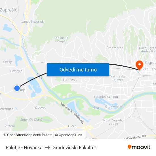 Rakitje - Novačka to Građevinski Fakultet map