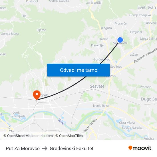 Put Za Moravče to Građevinski Fakultet map