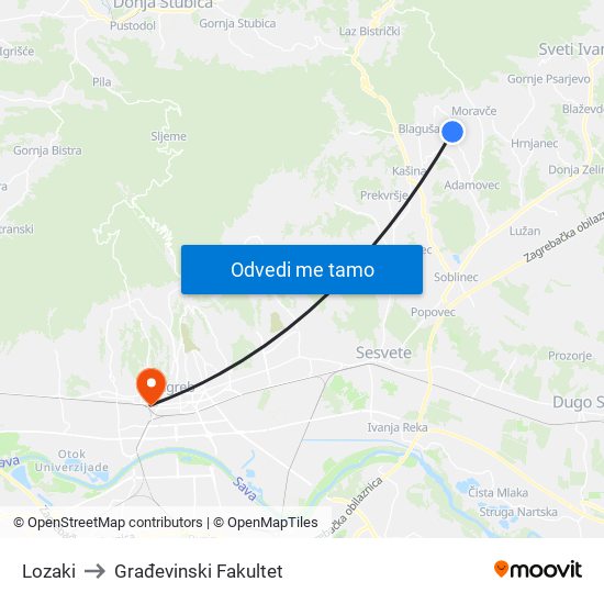 Lozaki to Građevinski Fakultet map