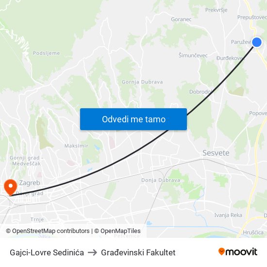 Gajci-Lovre Sedinića to Građevinski Fakultet map