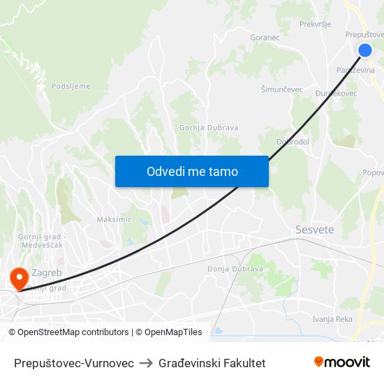 Prepuštovec-Vurnovec to Građevinski Fakultet map