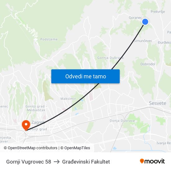 Gornji Vugrovec 58 to Građevinski Fakultet map
