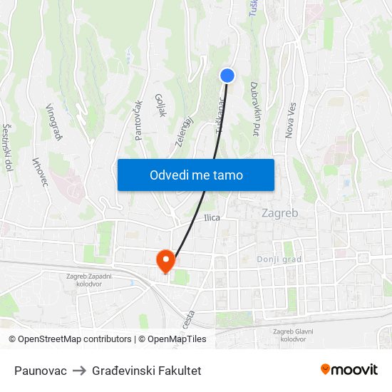 Paunovac to Građevinski Fakultet map