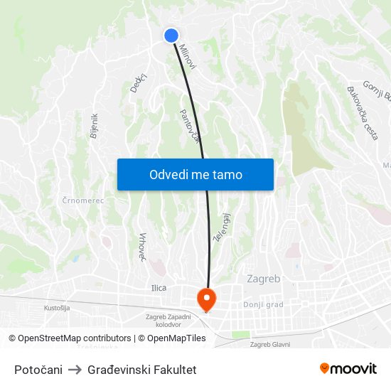 Potočani to Građevinski Fakultet map