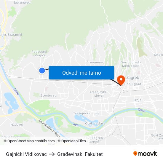 Gajnički Vidikovac to Građevinski Fakultet map