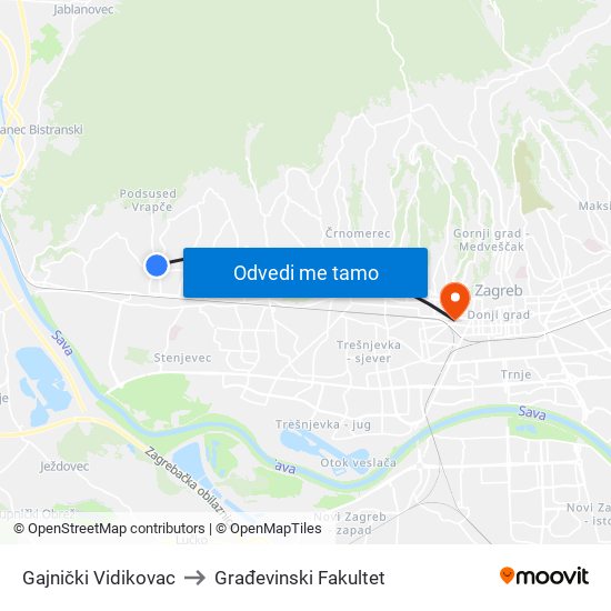 Gajnički Vidikovac to Građevinski Fakultet map