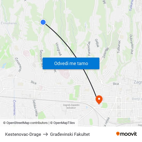Kestenovac-Drage to Građevinski Fakultet map