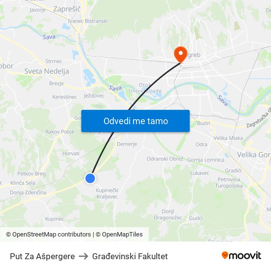 Put Za Ašpergere to Građevinski Fakultet map