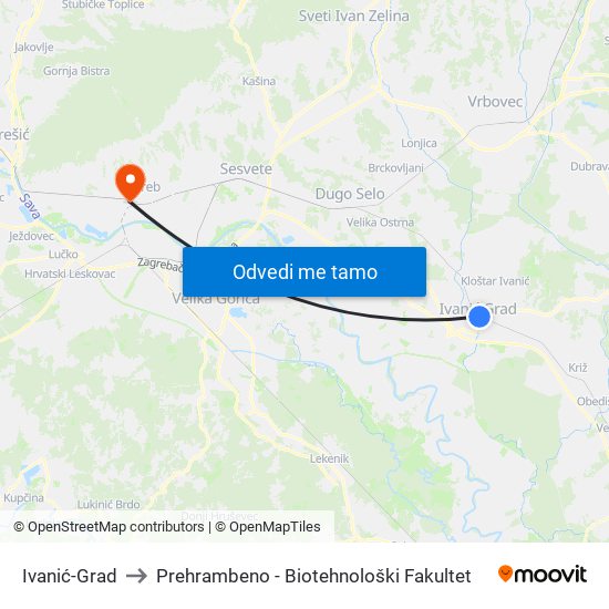 Ivanić-Grad to Prehrambeno - Biotehnološki Fakultet map