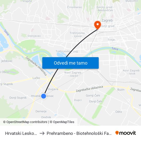 Hrvatski Leskovac to Prehrambeno - Biotehnološki Fakultet map