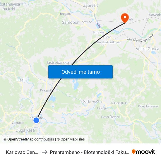 Karlovac Centar to Prehrambeno - Biotehnološki Fakultet map