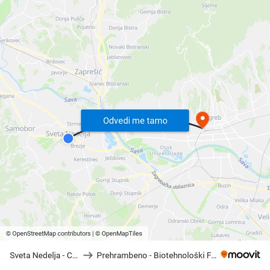 Sveta Nedelja - Centar to Prehrambeno - Biotehnološki Fakultet map