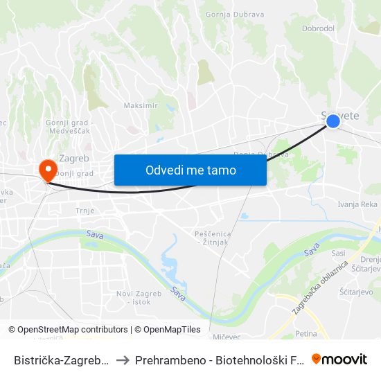 Bistrička-Zagrebačka to Prehrambeno - Biotehnološki Fakultet map