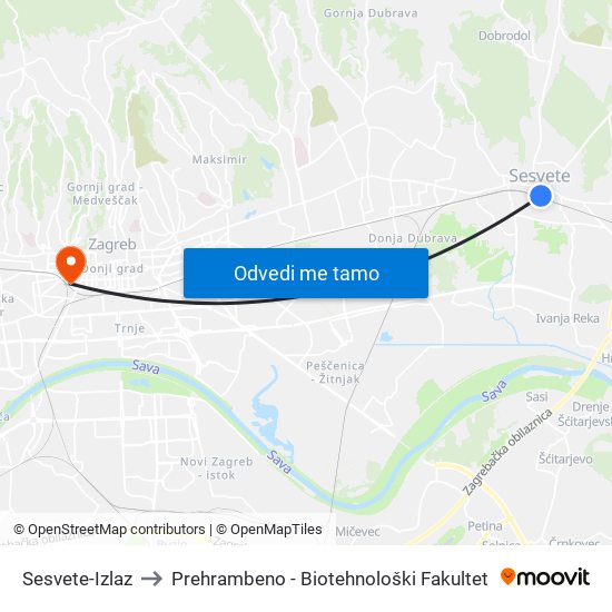 Sesvete-Izlaz to Prehrambeno - Biotehnološki Fakultet map