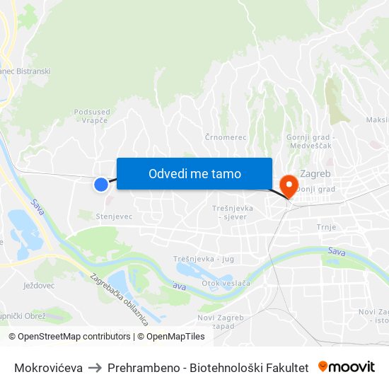 Mokrovićeva to Prehrambeno - Biotehnološki Fakultet map